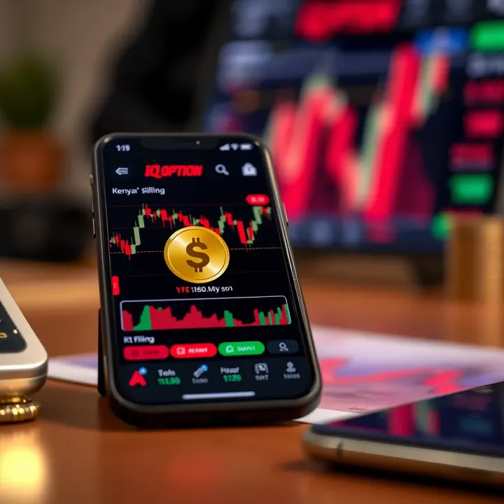Mobile phone displaying trading platform with currency charts and Kenyan Shilling symbol