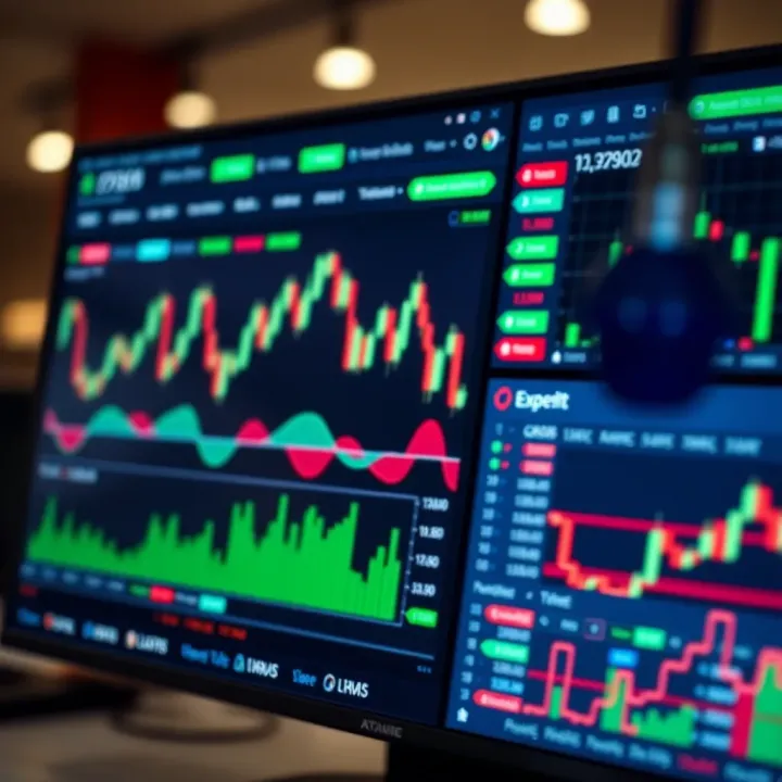 User interface of Expert Option platform showing various trading tools and charts