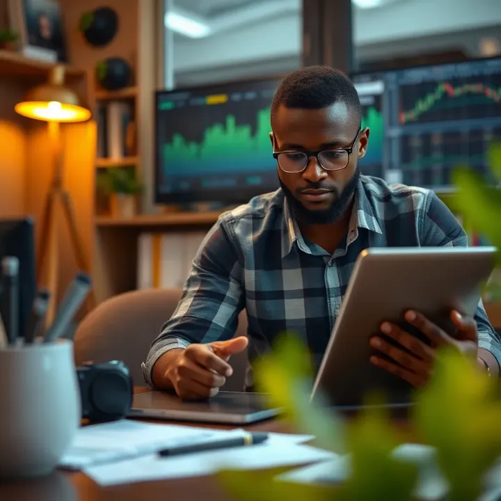 Kenyan trader analyzing market trends and financial data on a digital device in a home office