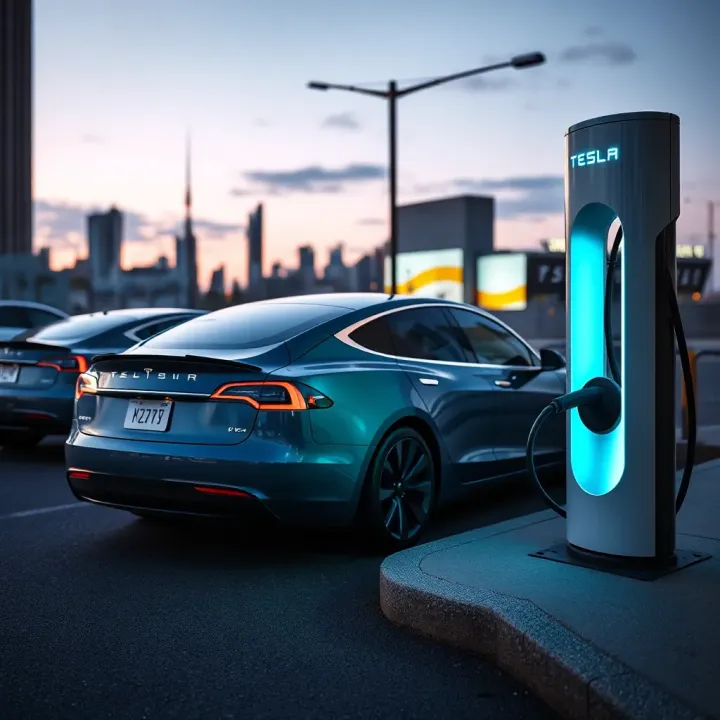 Tesla electric car charging at a modern station with city skyline in the background
