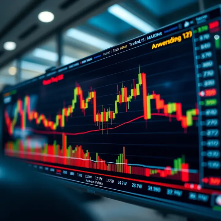Chart showing upward trends and trading indicators on a digital screen