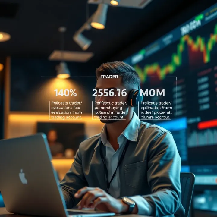 Visual representation of a trader navigating evaluation stages to achieve funded trading account benefits