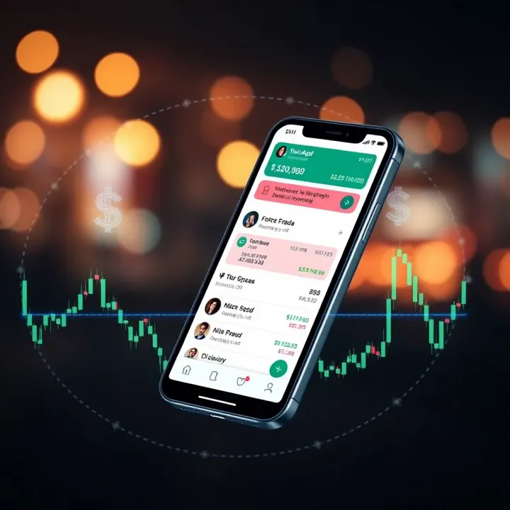 A graphic illustrating the concept of Forex trading with currency symbols and a mobile phone showing a messaging app interface