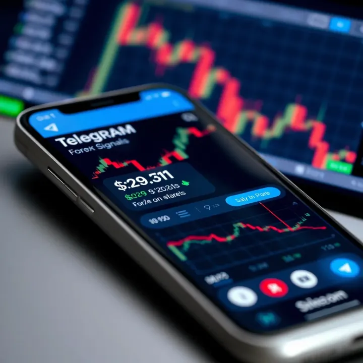 Close-up of a smartphone displaying a Telegram chat with forex trading signals and charts