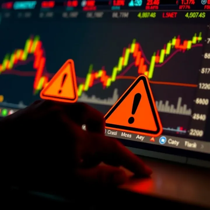 Conceptual depiction of online trading risks with warning icons and financial chart fluctuations