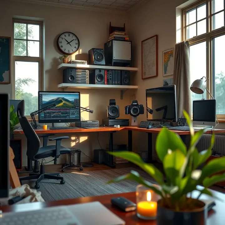 Calm and organized trading space with natural lighting and essential trading equipment