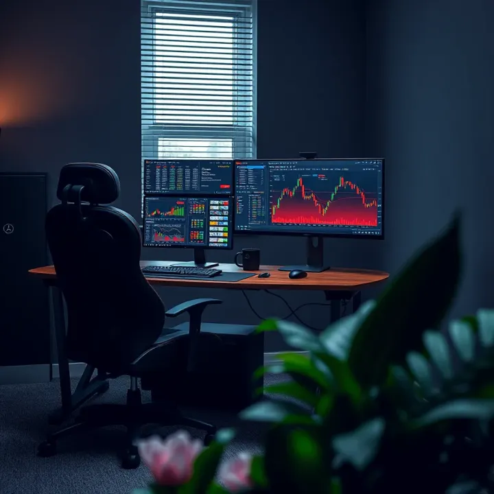 Modern trading desk setup with multiple monitors and ergonomic chair in a quiet room