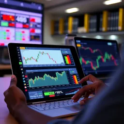 Digital device displaying various financial charts and graphs representing online trading markets in Kenya