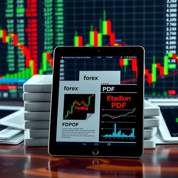 Collection of forex trading educational PDFs displayed on a digital tablet with currency charts in the background