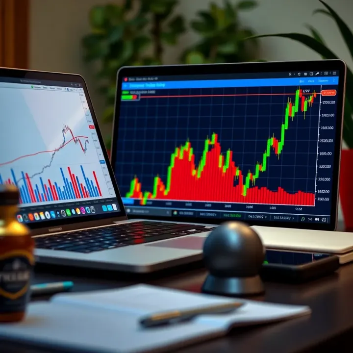 Graph illustrating forex market trends alongside a laptop showing forex charts and notes