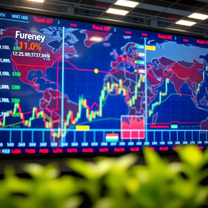 Global currency exchange rates displayed on a high-tech digital screen