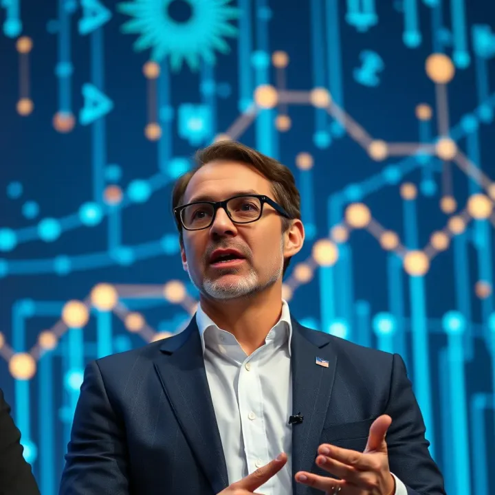 Ran Neuner speaking at a cryptocurrency conference with vibrant blockchain graphics in the background
