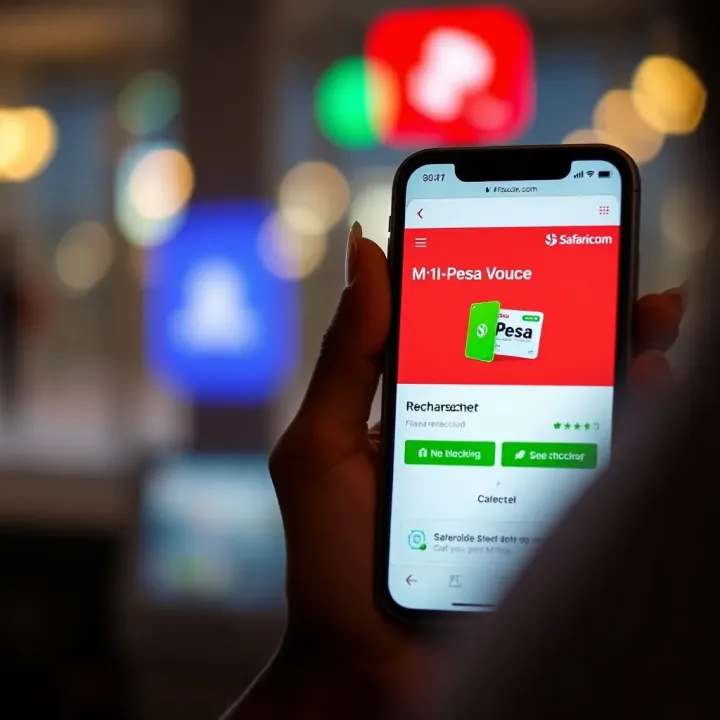 Recharging a Voucher Using Safaricom M-Pesa Application Mobile phone screen displaying Safaricom M-Pesa application for mobile airtime recharge in Kenya