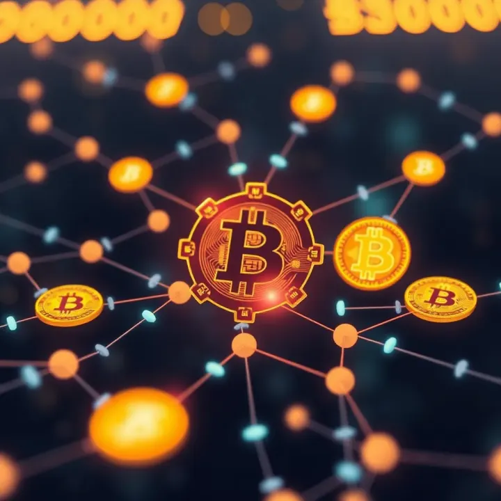 Illustration representing blockchain technology with interconnected nodes and digital currency symbols