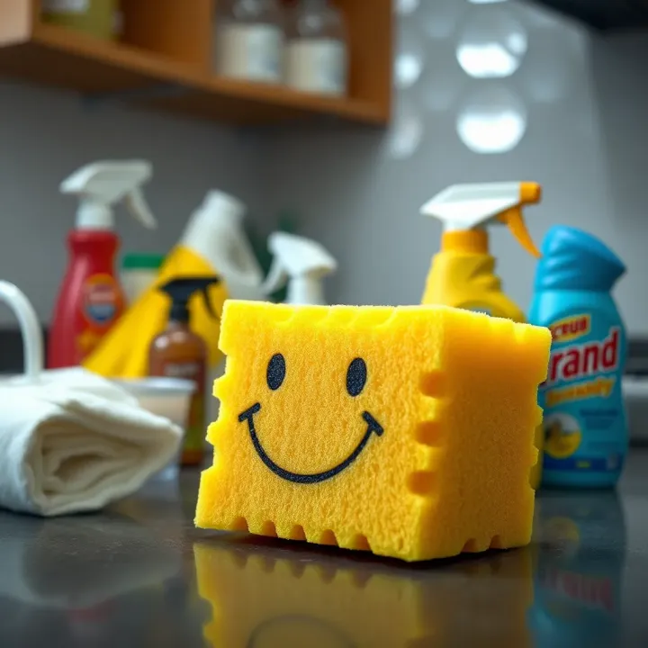 Smiling sponge pad displayed on a kitchen countertop with cleaning supplies