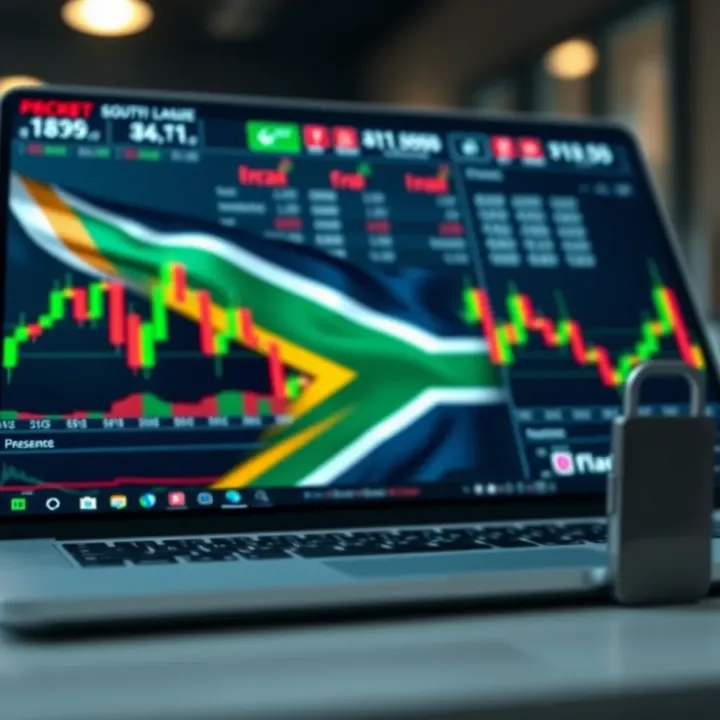 Security and Features of Pocket Option for South African Market Secure online transaction with financial charts and South African flag in background