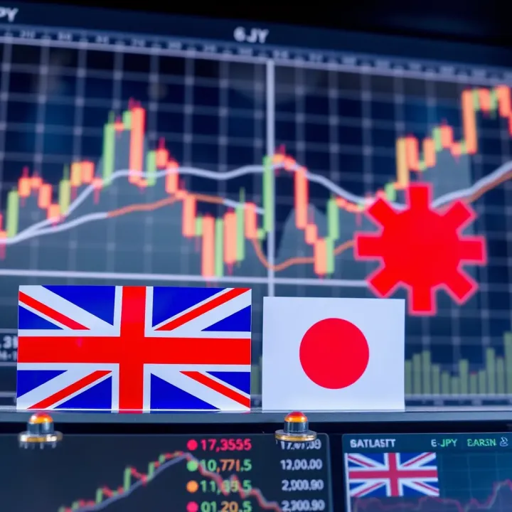 Graph showing GBP/JPY currency pair fluctuations with UK and Japan flags overlay