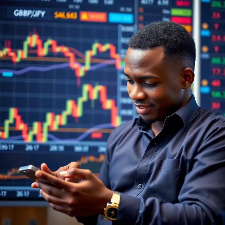 Kenyan Forex Trader Utilizing Mobile Payments and Forex Market Analysis Illustration of Kenyan trader using mobile payment platform with forex charts in background