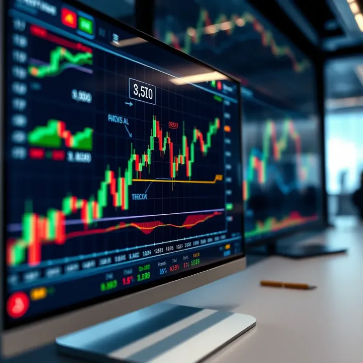 Graph showing market trends and trading data on digital screens