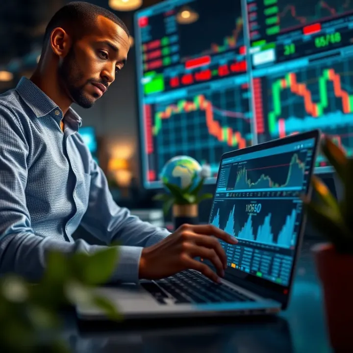 South African trader analyzing financial data on a laptop using a demo trading platform