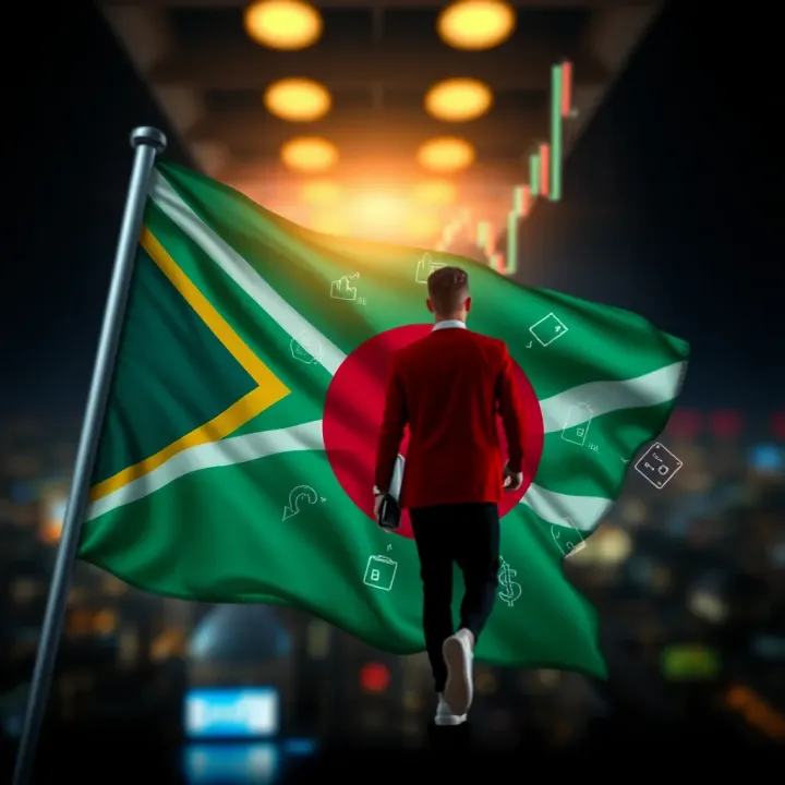 South African Traders Navigating Benefits and Risks of FXOpen Bonus Conceptual graphic showing a South African flag merged with financial symbols representing trading benefits and risks