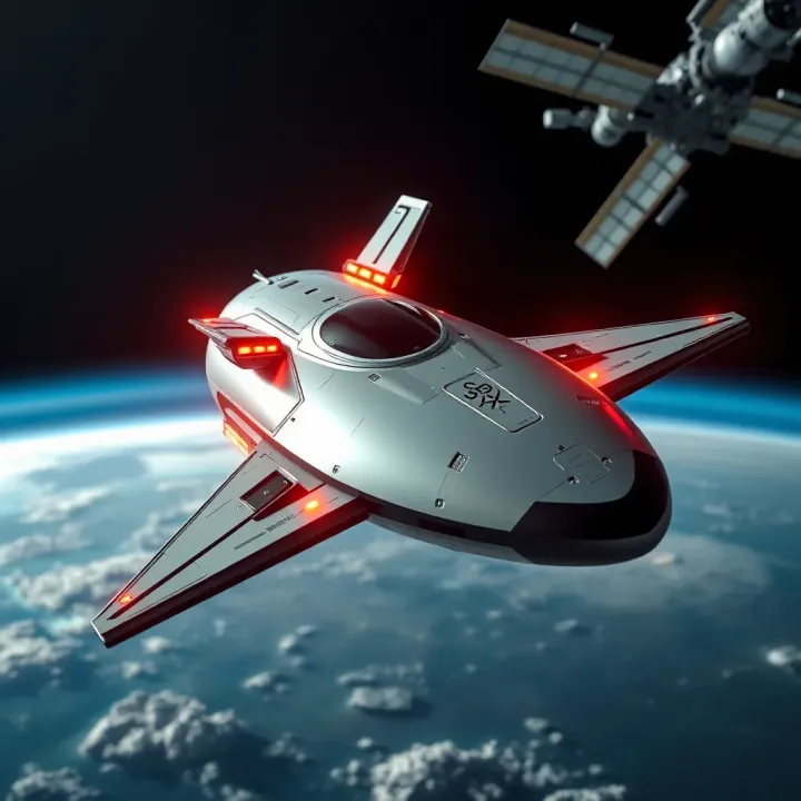 Rendering of futuristic SpaceX spacecraft orbiting Earth with satellite background