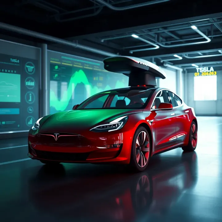 Tesla Autonomous Driving Technology and Innovations Conceptual graphic showing autonomous driving technology with digital interface and electric car