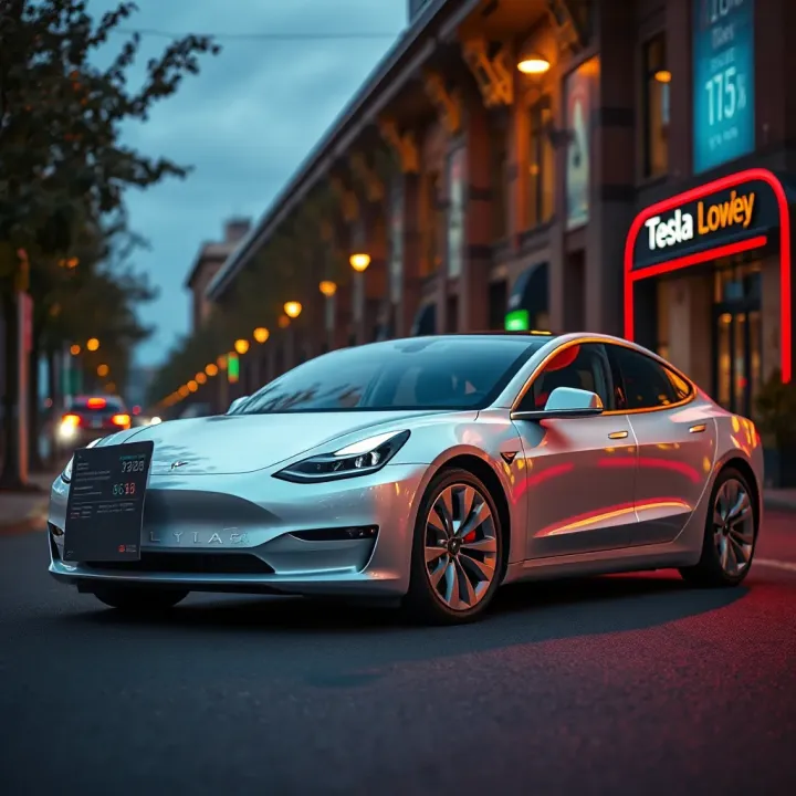 Tesla Electric Vehicle with Market Performance Data Tesla electric vehicle parked with stock market data overlay