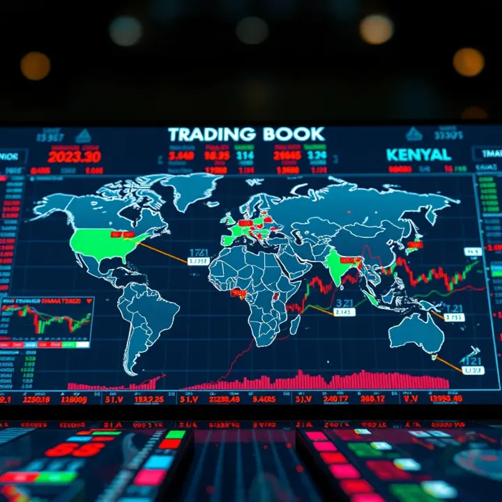 Global map highlighting Kenyan and international trading hubs with financial market trends