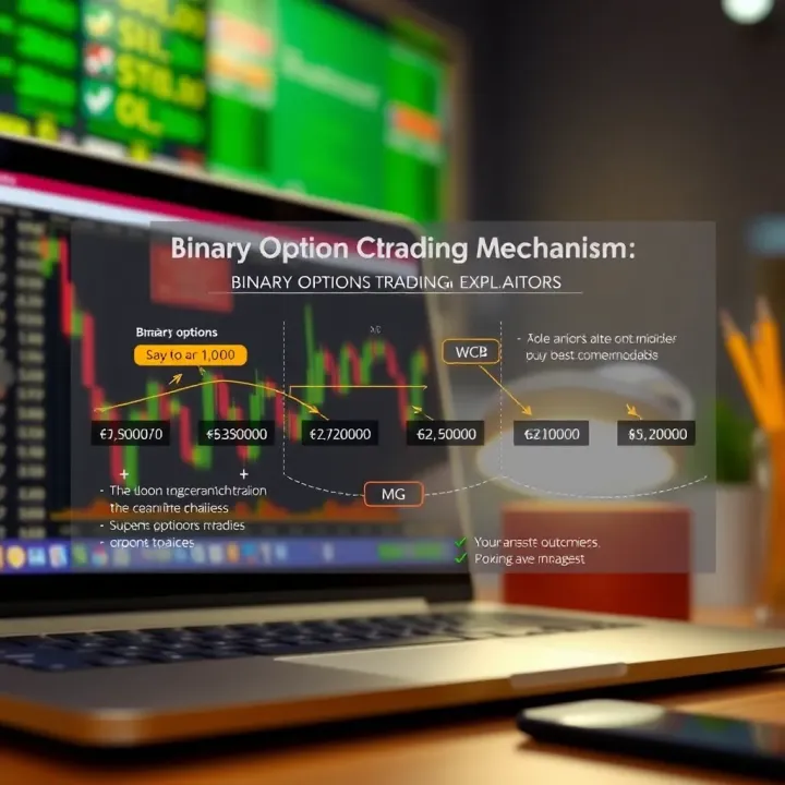 Diagram illustrating the mechanism of binary options trading with asset price chart and payout outcomes