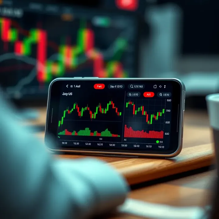 Mobile device displaying a demo trading app interface with charts and indicators