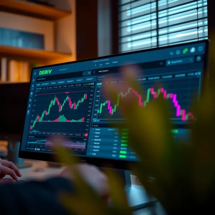 User interface of a Deriv demo trading account showing charts and trading options on screen
