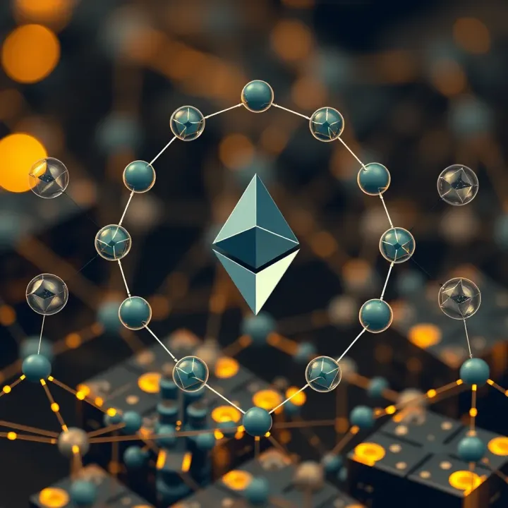 Diagram illustrating the Ethereum blockchain structure with interconnected nodes and smart contract execution