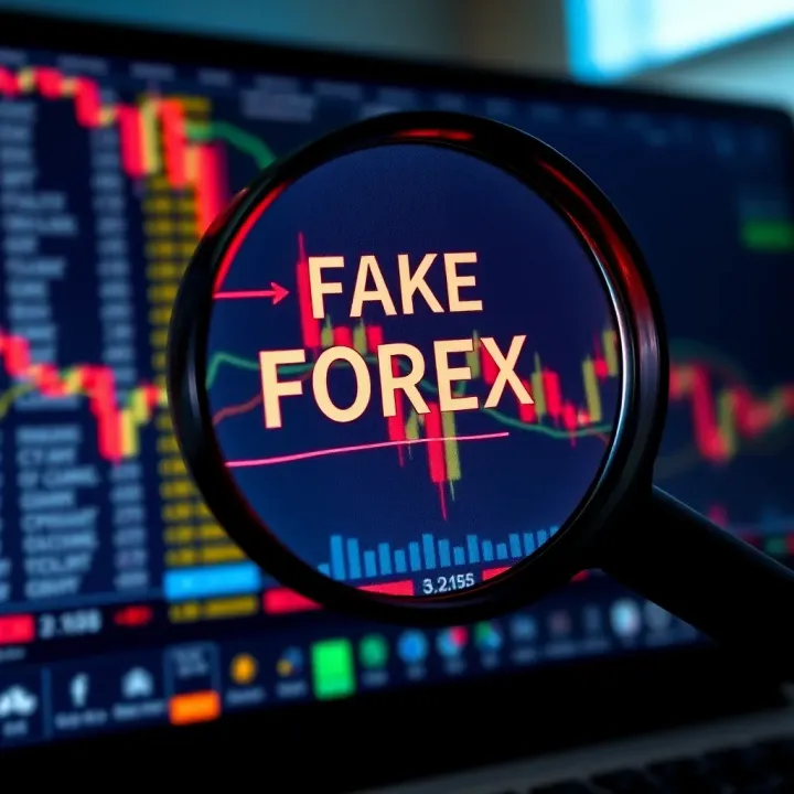 Graphic depicting a magnifying glass highlighting suspicious online forex trading offers on a computer screen