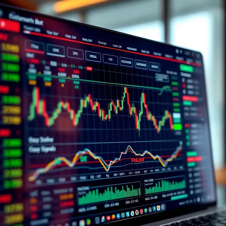Illustration of a digital dashboard displaying forex trading bot performance metrics and market signals