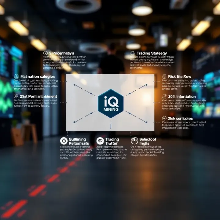Diagram illustrating key features of IQ Mining including automation, trading strategies, and risk management