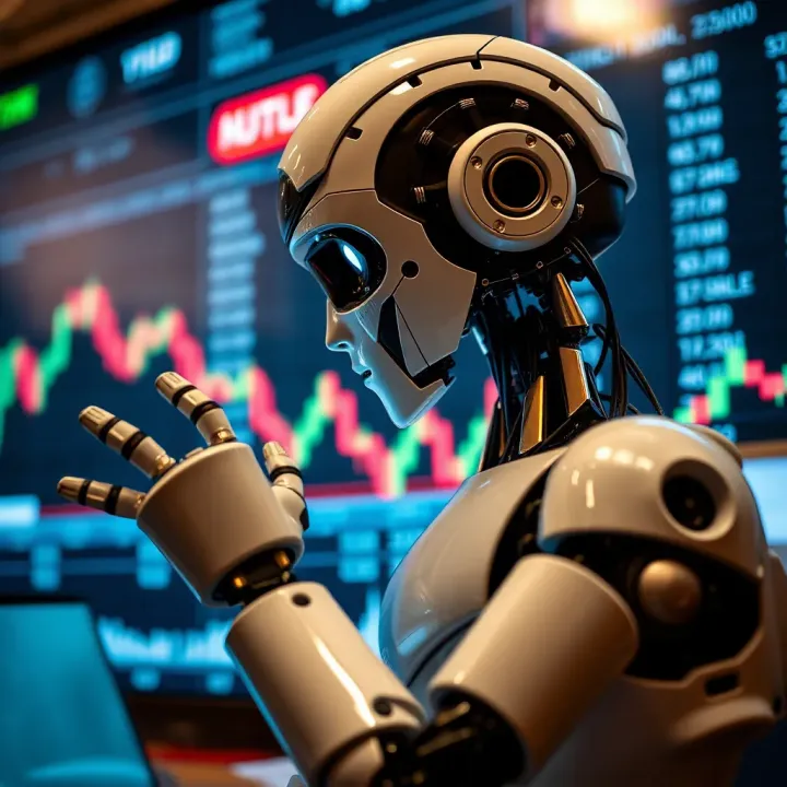 Conceptual representation of trading robot analyzing market data on digital screen