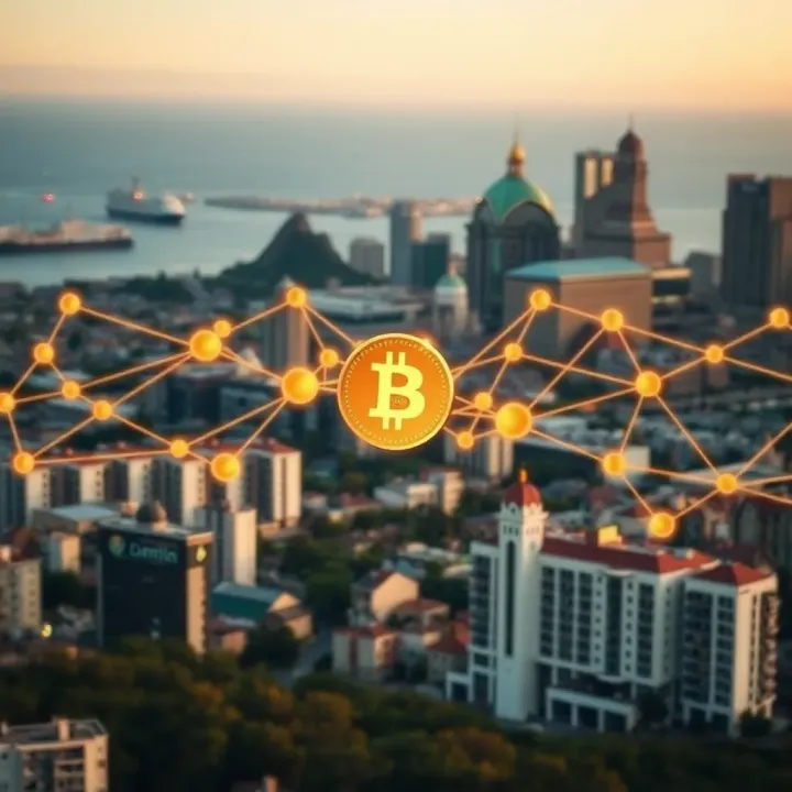 South African city skyline with a golden blockchain network overlay illustrating local crypto integration