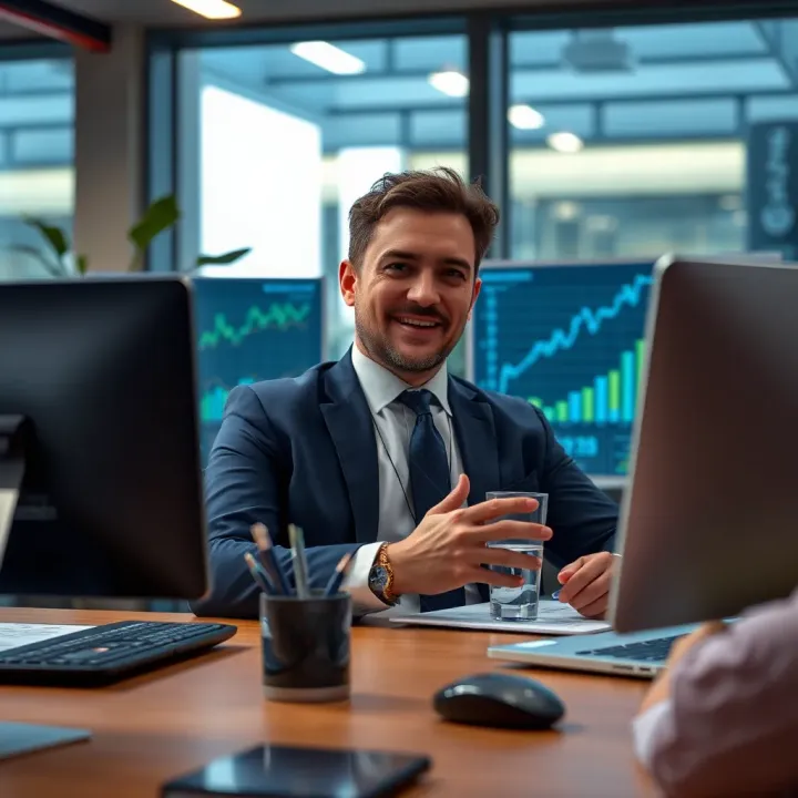 A modern office setting with digital devices showing business analytics and growth charts