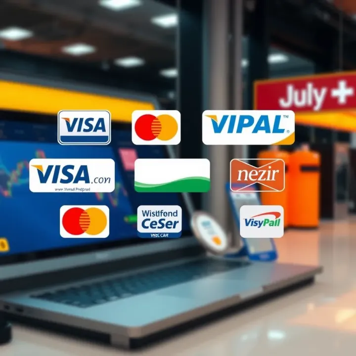Illustration of multiple payment methods available for deposits with Deriv brokers