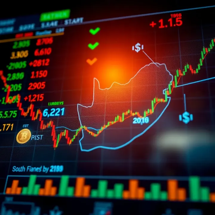 South African Financial Market Overview for Pocket Brokers Graphic representing the South African financial market with currency symbols and stock indicators