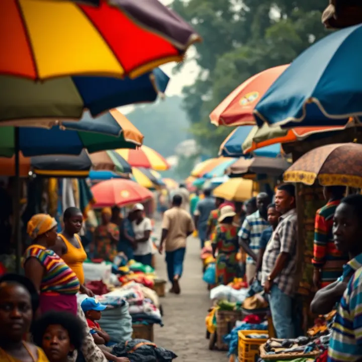 Bustling jua kali market with traders selling various goods under colorful umbrellas