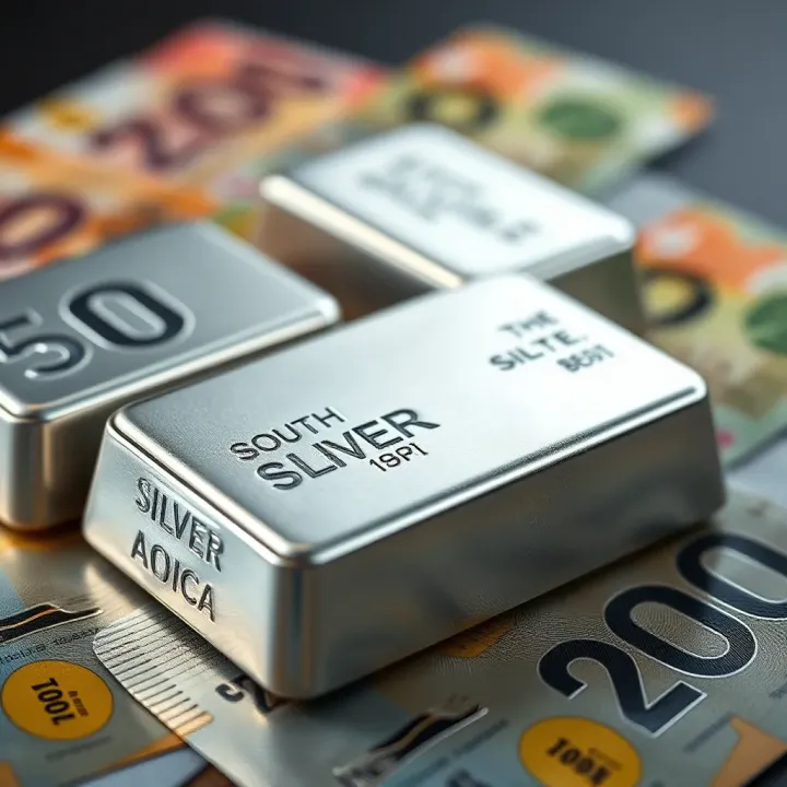 Silver Market Dynamics in South Africa Illustration of silver bars with South African currency notes representing market dynamics