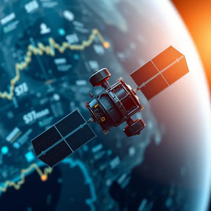 Illustration of a satellite orbiting Earth with digital data streams representing space technology advancements and commercial activities