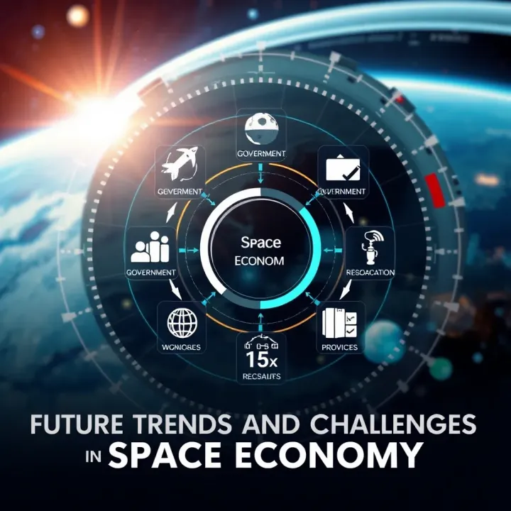 Graphic depicting a futuristic space economy with various sectors like government, private companies, and regulatory frameworks interconnected