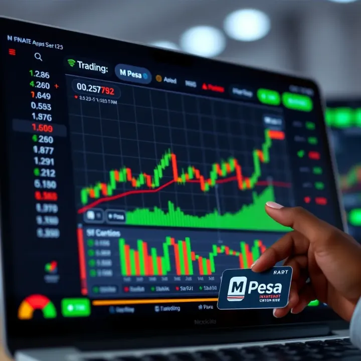 Screenshot of a Kenyan trading platform interface showing market charts and M-Pesa payment option